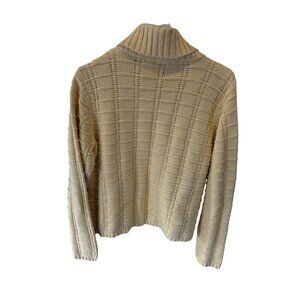 Liz Claiborne Turtleneck Sweater L Cream Textured Knit Cotton Petite Vibrant